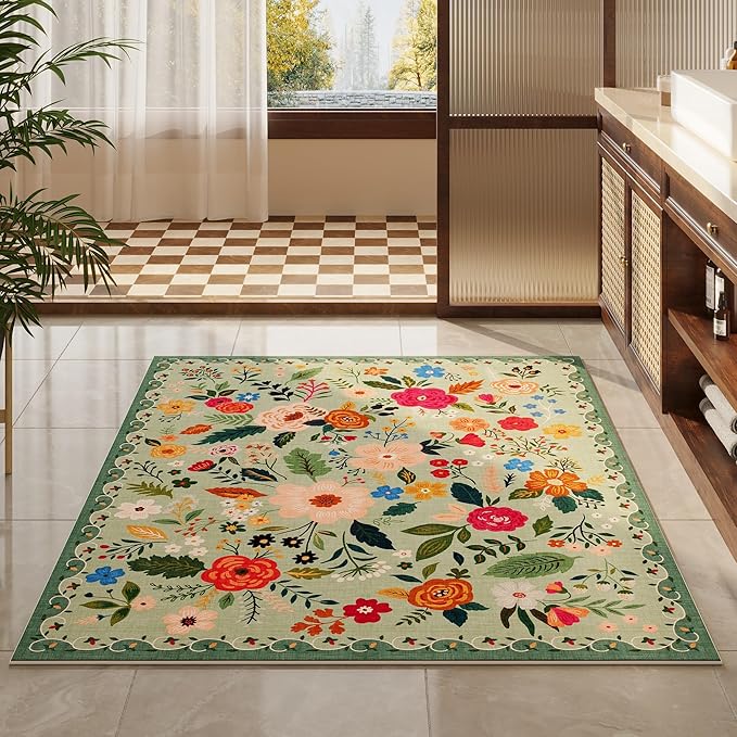 Area Rug 4x6 Rug Washable Boho Rugs Non Slip Low Pile Floral Small Carpet for Bedroom, Bedside, Kids Room, Office, Dining Room(Green)-Ruum Studio Home