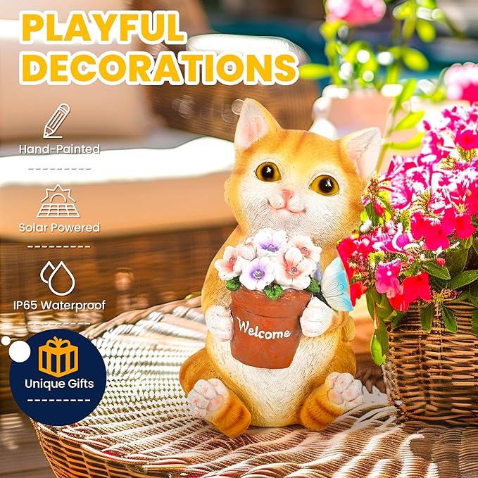 GIGALUMI Solar Garden Decor Flower Pot Cat Statues Outdoor, Birthday Gifts for Women Mom Grandma Senior Elder, Cat Ornament for Balcony, Garden, Patio, Yard, Lawn-Ruum Studio Home