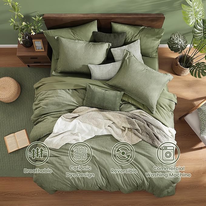 Monbix Queen Comforter Set - 7 Pieces Cationic Dyeing Sage Green Bed in a Bag Queen Bedding Sets with Comforter, Sheets, Pillowcases & Shams, Reversible Bedding Comforters Sets-Ruum Studio Home