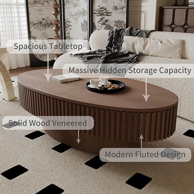 47.2''Oval Coffee Table with Storage, Mid Century Modern Fluted Drum Center Tables with Lid, Solid Wood Side Pedestal Coffee Table Tea Table for Living Room, Bedroom, Apartment-Walnut-Ruum Studio Home