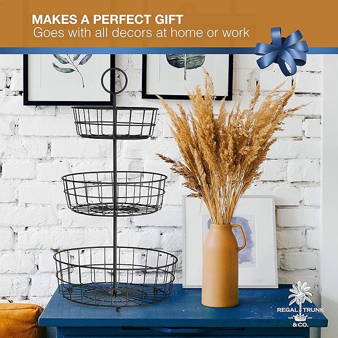 REGAL TRUNK & CO. 3 Tier Fruit Basket, Elegant French Country Wire Baskets, Three Tiered Wire Basket Stand for Vegetables, Bread & More for Countertop or Hanging, Christmas or Birthday Present-Ruum Studio Home