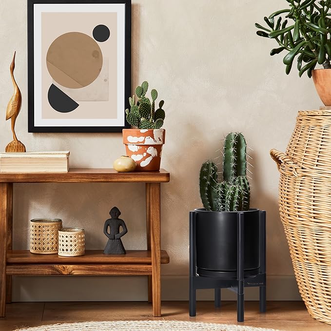 D'vine Dev Ceramic Planter with Ebony Stand - 10 Inch Modern Round Flower Pot with Wood Planter Holder, Black, 55-B-L-2-Ruum Studio Home