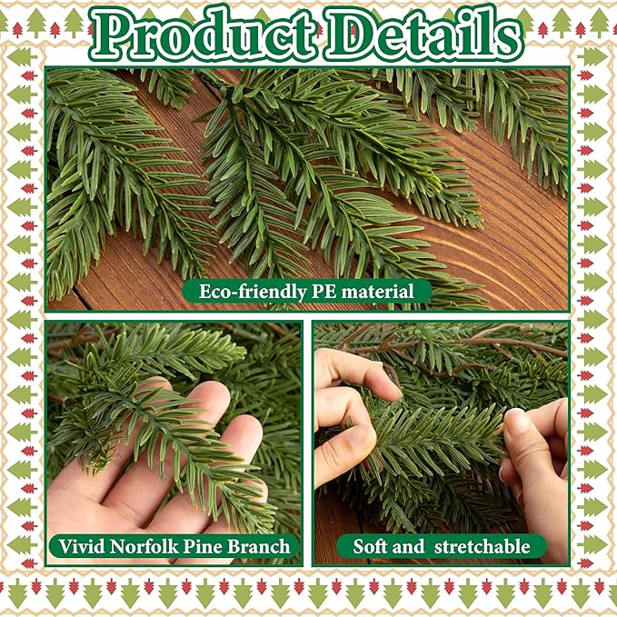 Watayo 2 Pcs Christmas Norfolk Pine Garland, 6 Ft 3 Fork Dense Real Touch Pine Garland Ornament, Realistic Artificial Pines Greenery Garlands for Christmas Holiday Mantle Fireplace Table Home Decor-Ruum Studio Home