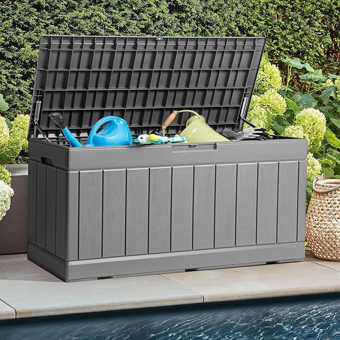 JUMMICO 83 Gallon Outdoor Deck Box Large Resin Storage Box for Patio Furniture Cushions, and Garden Tools (Gray)-Ruum Studio Home