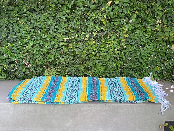 Del Mex Classic Mexican Blanket, Large Authentic Woven Falsa Throw (70"x50"), Artisan Southwest Décor for Beach, Yoga, Outdoors (Teal/Yellow)-Ruum Studio Home