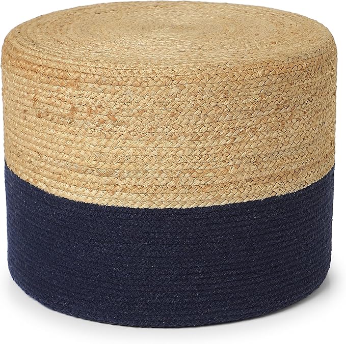 REDEARTH · Cylindrical Pouf Foot Stool Ottoman - Jute Braided Pouffe Poof Accent Sitting Footrest for Living Room, Bedroom, Nursery, Patio, Lounge & Other Rooms (Navy Natural, 18"x18"x14")-Ruum Studio Home