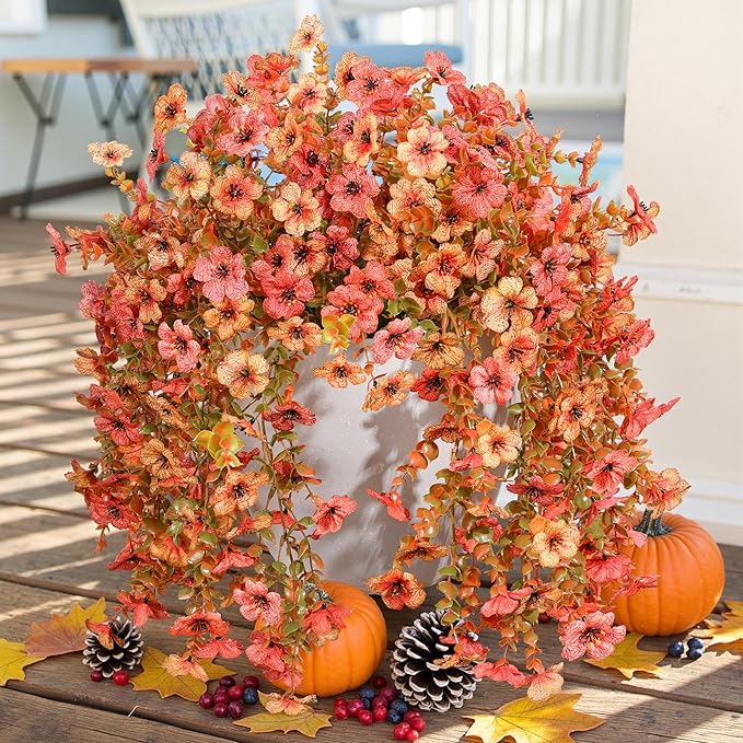 INSPRING Artificial Mums for Outdoors Decoration Fall Fake Flowers for Outside Decor, 2Pcs Silk Daisy with Eucalyptus UV Resistant Realistic Vines for Front Door Yard Patio Porch Planter Home-Ruum Studio Home