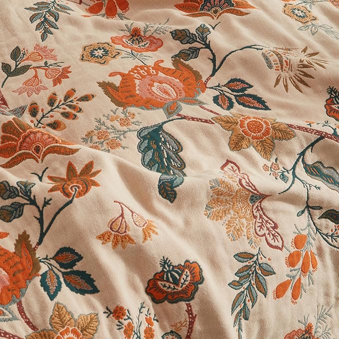 Boho Throw Blanket for Bed 80”x90”, 100% Cotton Woven Blanket for Couch Sofa, Ultra Soft 4-Layer Muslin Quilt with Floral Printed, Farmhouse Bed Blanket/Cover for Living Room Decor-Ruum Studio Home