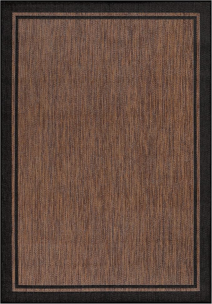 CAMILSON Indoor Outdoor Rug, 9x12 Bordered Nut Brown Black Modern Area Rugs for Indoor and Outdoor Patios, Kitchen and Hallway Mats, Washable Porch Deck Outside Carpet (Border Nut Brown Black, 9 x 12)-Ruum Studio Home