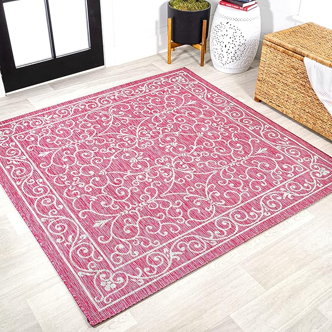 JONATHAN Y Vintage Filigree Indoor Outdoor Square Area Rug 5X5 Fuchsia/Light Gray, Charleston Textured Weave for Backyard, Patio, Porch, Easy-Cleaning, Pet-Friendly, Non-Shedding (SMB106J-5SQ)-Ruum Studio Home