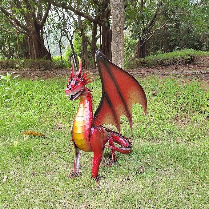 Decorative Red Dragon Figurine, Crackle The Dragon Statue, Patio Garden Porch Courtyard Decor-Ruum Studio Home
