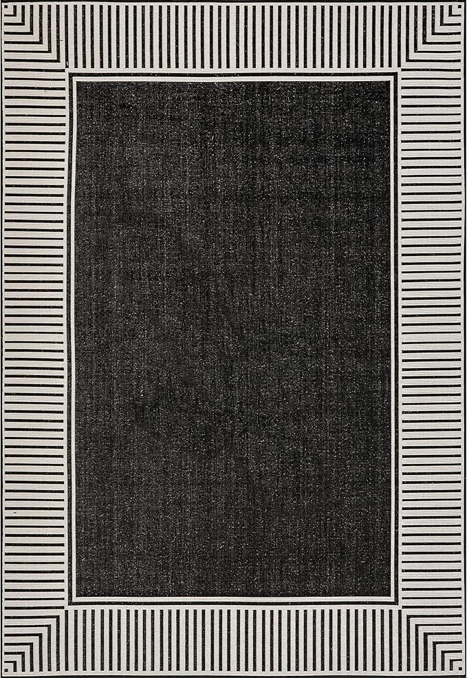 nuLOOM 5' x 8' Outdoor Area Rug, Casual Design With Striped Border, Stain Resistant, Highly Durable, For Patio, Balcony, Bedroom, Living Room, Dining Room, Bathroom, Black-Ruum Studio Home