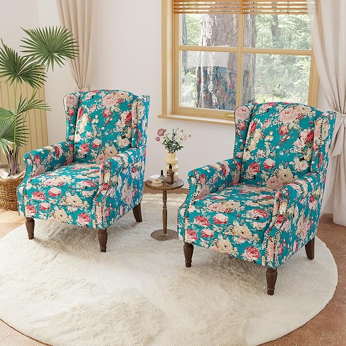 Lumibee High Back Accent Chair Set of 2, Armchair in Fabric,Comfy Upholstered Wingback Single Sofa Reading Chairs with Solid Wood Legs for Living Room,Bedroom,Office-Peacock Blue-Ruum Studio Home