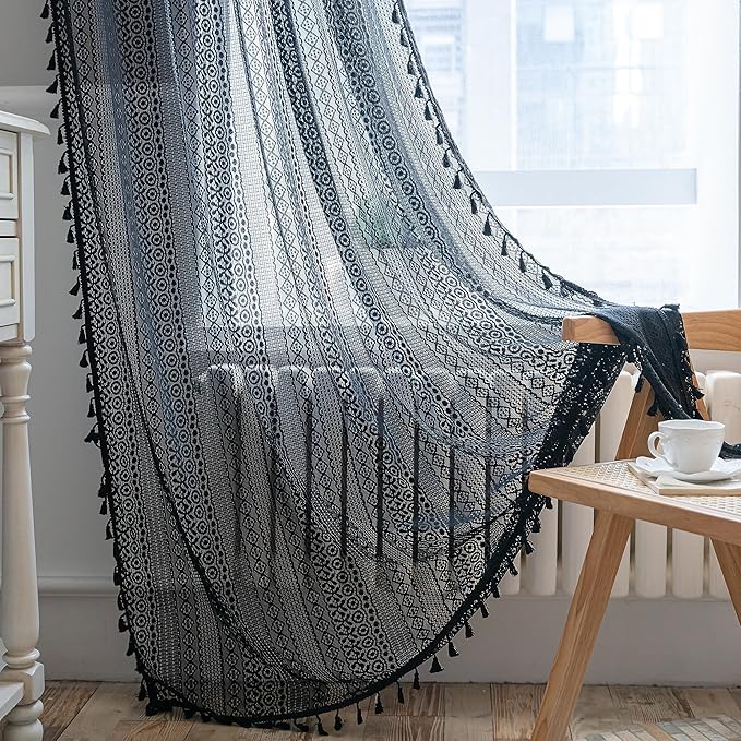 Sutuo Home Black Boho Curtain 84 Inches Length, Sheer Crochet Lace Handmade Tassels Knitted Window Treatment Vintage Rustic Bohemian Farmhouse Drape for Bedroom Rod Pocket 1 Panel 59" W x 84" L-Ruum Studio Home