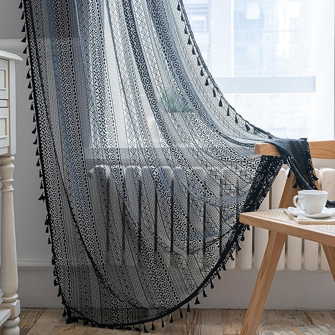 Sutuo Home Black Boho Curtain for Halloween Decor, Sheer Crochet Lace Handmade Tassels Knitted Window Treatment Vintage Rustic Bohemian Farmhouse Drape for Bedroom Rod Pocket 1 Panel 59" W x 96" L-Ruum Studio Home