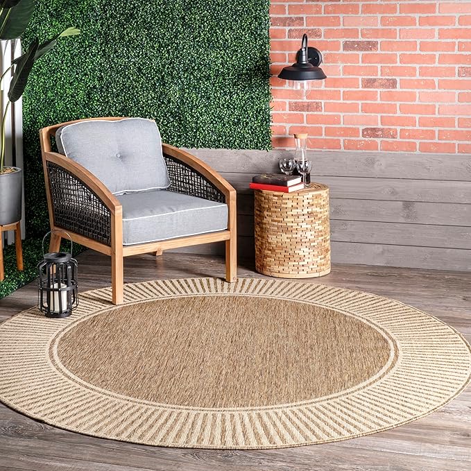 nuLOOM 6'7" Round Outdoor Area Rug, Casual Design With Striped Border, Stain Resistant, Highly Durable, For Patio, Balcony, Bedroom, Living Room, Dining Room, Bathroom, Light Brown-Ruum Studio Home
