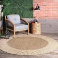 nuLOOM 6'7" Round Outdoor Area Rug, Casual Design With Striped Border, Stain Resistant, Highly Durable, For Patio, Balcony, Bedroom, Living Room, Dining Room, Bathroom, Light Brown-Ruum Studio Home