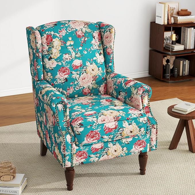 UIXE High Back Floral Accent Chair, Upholstered Armchair in Fabric, Retro Printed Wingback Arm Chair for Living Room, Nailhead Trim Single Sofa Bedroom Reading Seat - Peacock Blue-Ruum Studio Home
