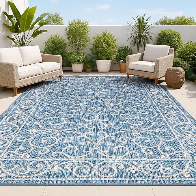 JONATHAN Y Vintage Filigree Indoor Outdoor Area Rug 8X10 Navy/Gray, Charleston Textured Weave for Backyard, Patio, Porch, Easy-Cleaning, High Traffic, Pet-Friendly, Non-Shedding (SMB106D-8)-Ruum Studio Home