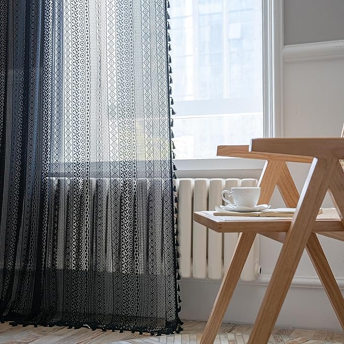 Sutuo Home Black Boho Curtain for Halloween Decor, Sheer Crochet Lace Handmade Tassels Knitted Window Treatment Vintage Rustic Bohemian Farmhouse Drape for Bedroom Rod Pocket 1 Panel 59" W x 96" L-Ruum Studio Home