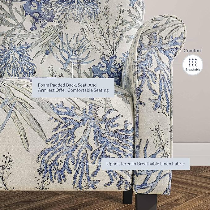 BELLEZE Modern Accent Chair for Living Room, High Back Linen Armchair with Wooden Legs, Upholstered Wingback Side Chair Padded Armrest Single Sofa for Living Room, Bedroom - Allston (Blue Coral)-Ruum Studio Home