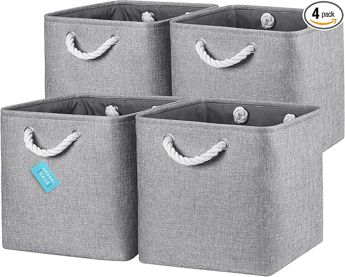 OrganiHaus 13x13 Cube Storage Bins 4 Pack, Foldable Cube Storage Organizer w/ Rope Handles, Collapsible Fabric Bins for Toys, Clothes & Closet Organization, Fabric Square Baskets - Gray-Ruum Studio Home