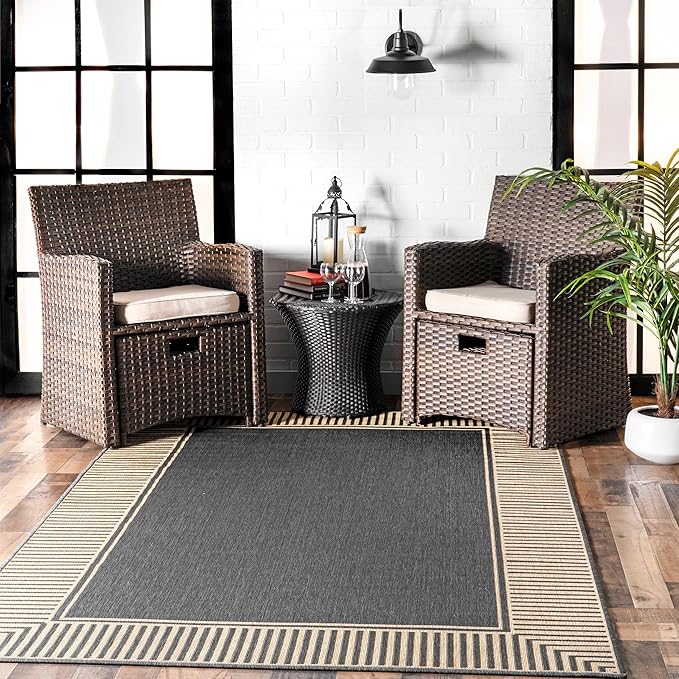 nuLOOM 3'6" x 5' Outdoor Area Rug, Casual Design With Striped Border, Stain Resistant, Highly Durable, For Patio, Balcony, Bedroom, Living Room, Dining Room, Bathroom, Dark Grey-Ruum Studio Home