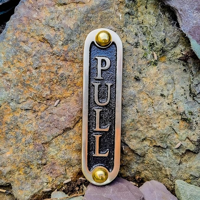 PULL Brass Door Sign. Traditional Style Home Décor Wall Plaque Handmade By The Metal Foundry UK.-Ruum Studio Home