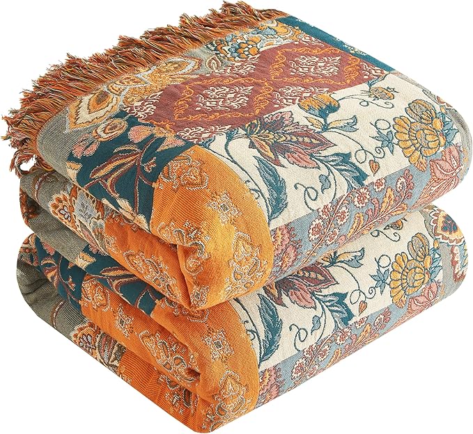 Boho Throw Blanket for Bed 80”x90”, 100% Cotton Woven Blanket for Couch Sofa, Ultra Soft 4-Layer Muslin Quilt with Patchwork Floral Printed, Farmhouse Bed Blanket/Cover for Living Room Decor-Ruum Studio Home