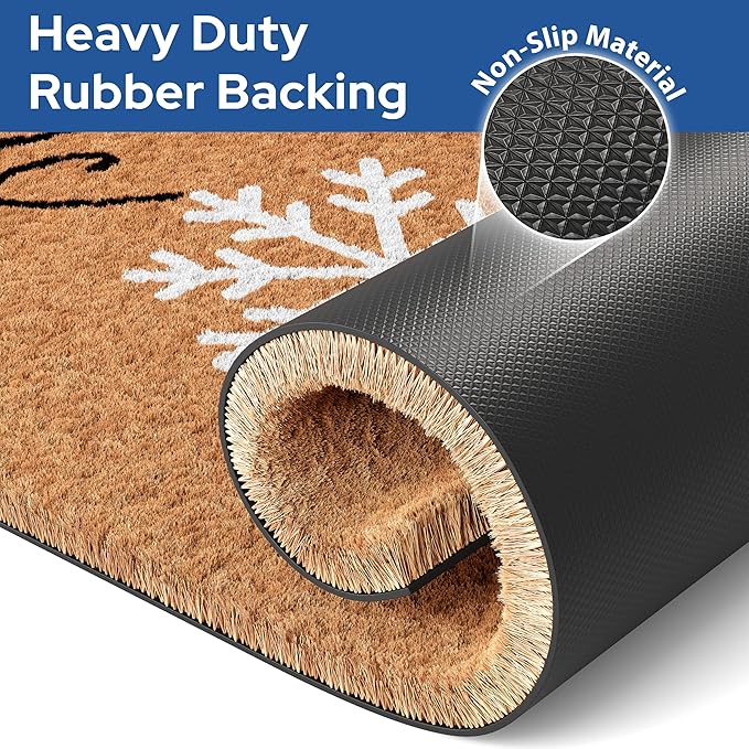 Barnyard Designs Natural Coco Coir Christmas Doormat - Large Cute Non-Slip Heavy Duty Backing Door Mat for Outside Entrance or Porch Entry, Brown (17x30, Winter Snowflake)-Ruum Studio Home