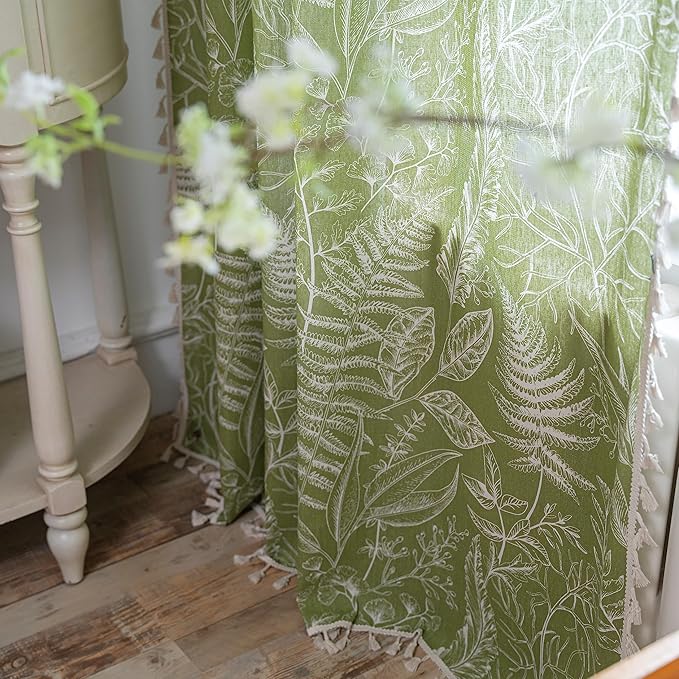 Sutuo Home Boho Curtain 84 Inches Length for Bedroom, Printed Cotton Linen Rod Pocket Rustic Farmhouse Bohemian Tassels Window Treatment, 1 Panel 59" W x 84" L, Green Tropical Leaves-Ruum Studio Home