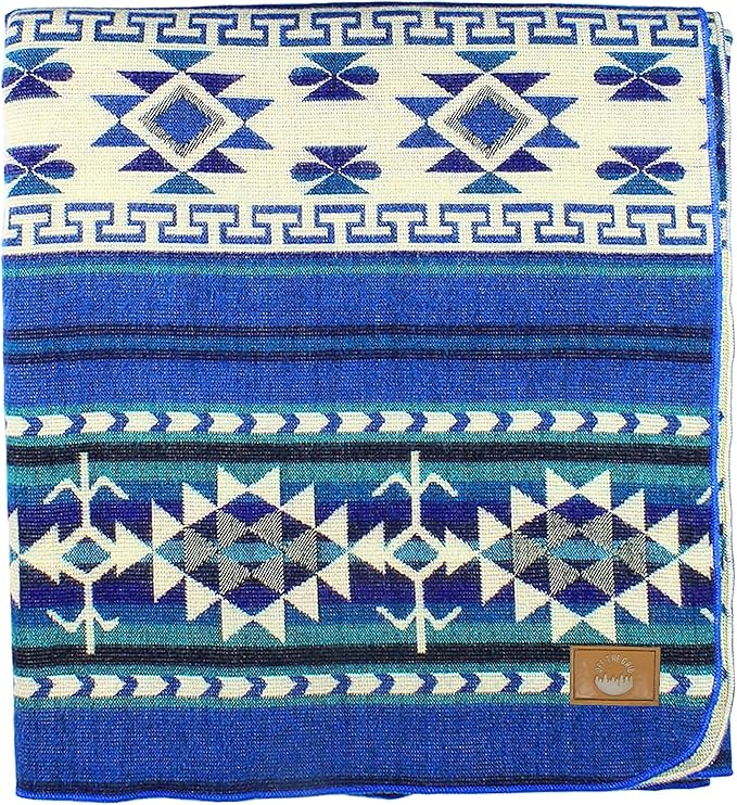 Inca Aztec Throw, Queen, King Blanket | Southwest Indian Navajo Boho Style | Native Cover for Camping, Bedding, Couch, Vanlife | Faux Alpaca, Lightweight, Hypoallergenic (Kocha Blue, Throw)-Ruum Studio Home