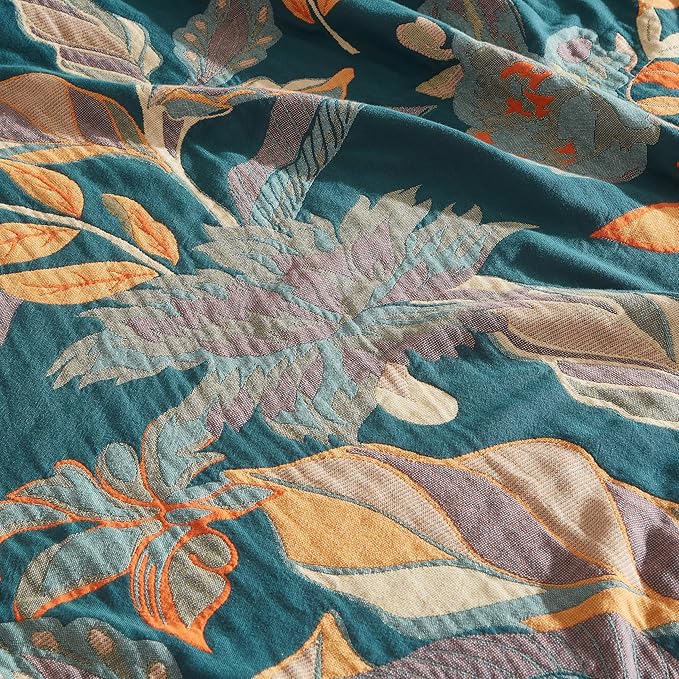 Boho Throw Blanket for Bed 80”x90”, 100% Cotton Woven Blanket for Couch Sofa, Ultra Soft 4-Layer Muslin Quilt with Floral Printed, Farmhouse Bed Blanket/Cover for Living Room Decor-Ruum Studio Home