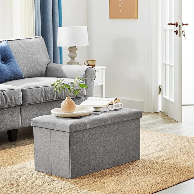 SONGMICS MAZIE Collection - 30 Inches Ottoman Storage Bench, 21 Gal. Folding Chest with Breathable Linen-Look Fabric, Load up to 660 lb, for Entryway, Living Room, Bedroom, Light Gray ULSF001G02-Ruum Studio Home
