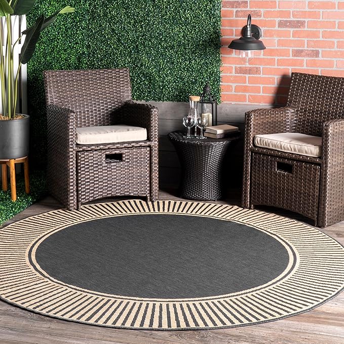 nuLOOM 6'7" Round Outdoor Area Rug, Casual Design With Striped Border, Stain Resistant, Highly Durable, For Patio, Balcony, Bedroom, Living Room, Dining Room, Bathroom, Dark Grey-Ruum Studio Home