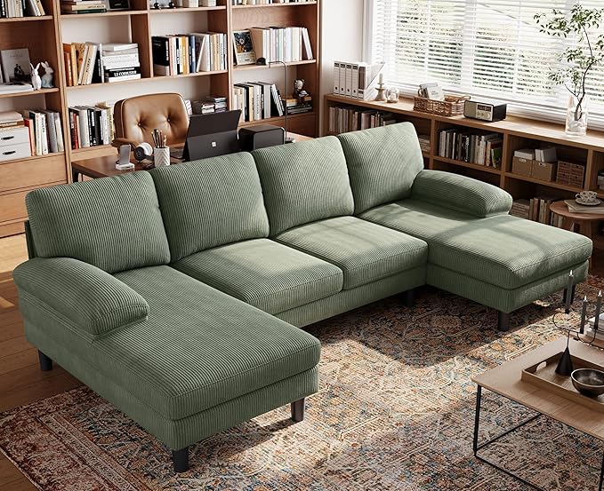 LINSY HOME Sectional Couch, 111'' W Corduroy U Shaped Sofa with Sleepable Armrests, 4 Seat Couch with Double Chaises, Deep Seat Sofa for Living Room, Army Green-Ruum Studio Home