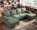 LINSY HOME Sectional Couch, 111'' W Corduroy U Shaped Sofa with Sleepable Armrests, 4 Seat Couch with Double Chaises, Deep Seat Sofa for Living Room, Army Green-Ruum Studio Home