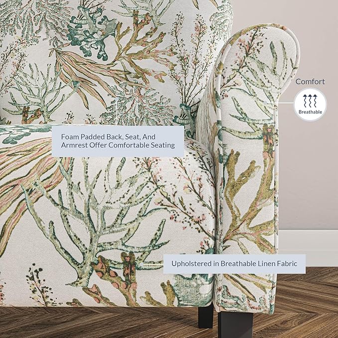 BELLEZE Modern Accent Chair for Living Room, High Back Linen Armchair with Wooden Legs, Upholstered Wingback Side Chair Padded Armrest Single Sofa for Living Room, Bedroom - Allston (Green Coral)-Ruum Studio Home