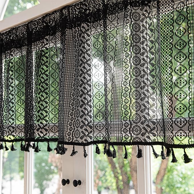 Sutuo Home Boho Valance Curtains for Kitchen Crochet Lace Sheer Bohemian Hollow Knitted with Tassels, Privacy Vintage Rustic Gothic Farmhouse Drapes, Rod Pocket 1 Panel 59" W x 18" L, Black-Ruum Studio Home
