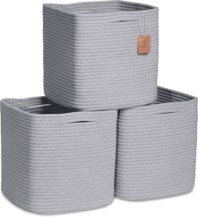 NaturalCozy Storage Cubes 11 Inch Cotton Rope Woven Baskets for Organizing, 3-Pack | Cube Storage Bin | Square Storage Baskets for Shelves Organizer, Classroom, Kids Toy Bins, Closet, Baby Nursery-Ruum Studio Home