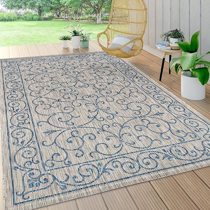 JONATHAN Y Vintage Filigree Indoor Outdoor Area Rug 3X5 Gray/Navy, Charleston Textured Weave for Backyard, Patio, Porch, Easy-Cleaning, High Traffic, Pet-Friendly, Non-Shedding (SMB106C-3)-Ruum Studio Home