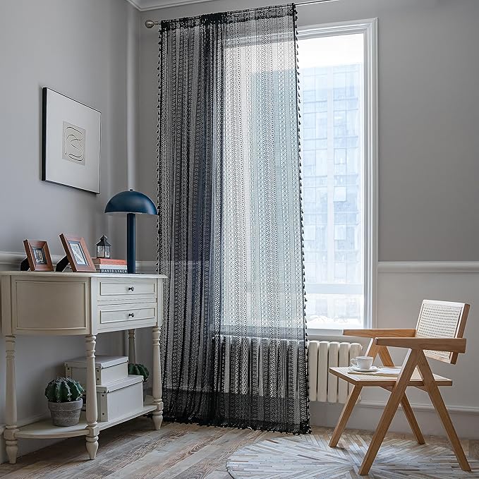 Sutuo Home Black Crochet Boho Curtain 63 Inches Length, Sheer Lace Handmade Tassels Knitted Window Treatment Vintage Rustic Bohemian Farmhouse Drape for Bedroom Rod Pocket 1 Panel 59" W x 63" L-Ruum Studio Home