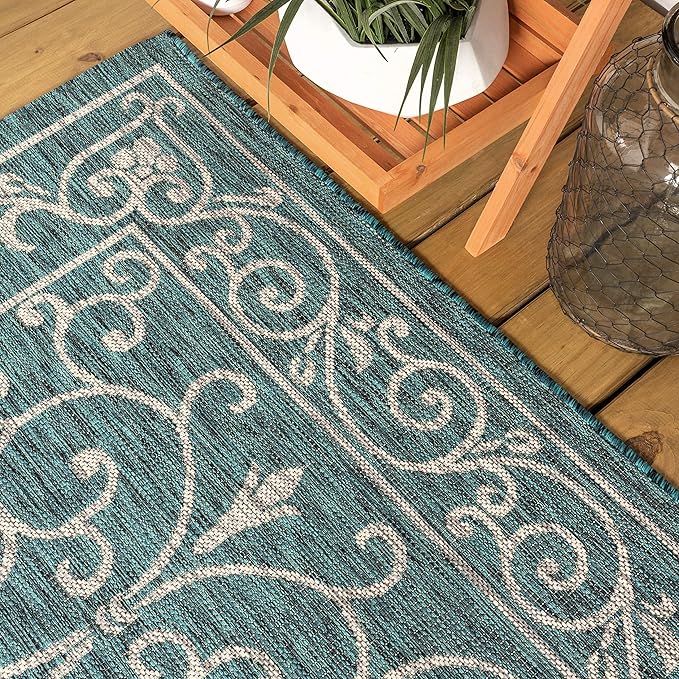 JONATHAN Y Vintage Filigree Indoor Outdoor Runner Rug 2X8 Teal/Gray, Charleston Textured Weave for Backyard, Patio, Porch, Easy-Cleaning, High Traffic, Pet-Friendly, Non-Shedding (SMB106F-28)-Ruum Studio Home