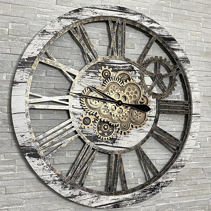 The Gears Clock 36'' Inch Real Moving Gear Wall Clock Vintage Industrial Oversized Rustic Farmhouse (Vintage Grey and White)-Ruum Studio Home