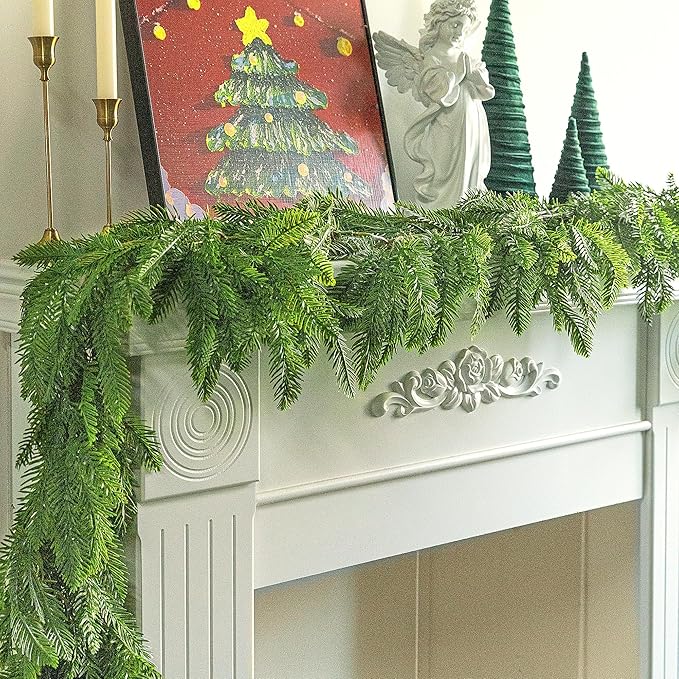 Watayo 2 Pcs Christmas Norfolk Pine Garland, 6 Ft 3 Fork Dense Real Touch Pine Garland Ornament, Realistic Artificial Pines Greenery Garlands for Christmas Holiday Mantle Fireplace Table Home Decor-Ruum Studio Home
