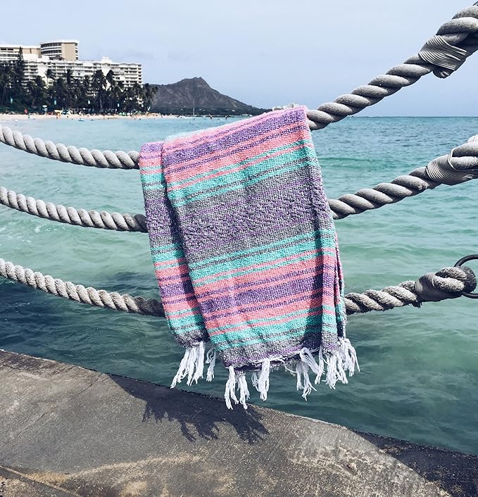 Del Mex Classic Mexican Blanket, Large Authentic Woven Falsa Throw (70"x50"), Artisan Southwest Décor for Beach, Yoga, Outdoors (Mint/Pink/Gray)-Ruum Studio Home