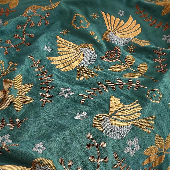 Boho Throw Blanket for Bed 80”x90”, 100% Cotton Woven Blanket for Couch Sofa, Ultra Soft 4-Layer Muslin Quilt with Bird Floral Printed, Farmhouse Bed Blanket/Cover for Living Room Decor-Ruum Studio Home