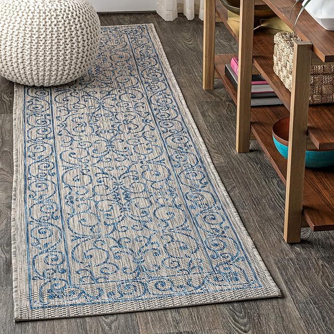 JONATHAN Y Vintage Filigree Indoor Outdoor Runner Rug 2X10 Gray/Navy, Charleston Textured Weave for Backyard, Patio, Porch, Easy-Cleaning, High Traffic, Pet-Friendly, Non-Shedding (SMB106C-210)-Ruum Studio Home