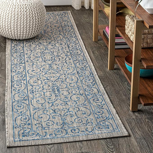 JONATHAN Y Vintage Filigree Indoor Outdoor Runner Rug 2X10 Gray/Navy, Charleston Textured Weave for Backyard, Patio, Porch, Easy-Cleaning, High Traffic, Pet-Friendly, Non-Shedding (SMB106C-210)-Ruum Studio Home