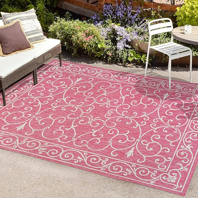JONATHAN Y Vintage Filigree Indoor Outdoor Area Rug 8X10 Fuchsia/Light Gray, Charleston Textured Weave for Backyard, Patio, Porch, Easy-Cleaning, High Traffic, Pet-Friendly, Non-Shedding (SMB106J-8)-Ruum Studio Home